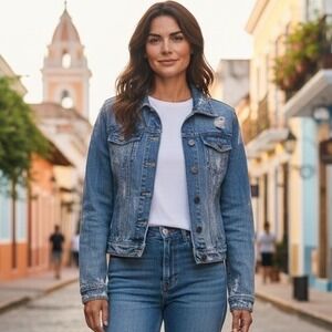 Hollister California Denim Jean Jacket Distressed Blue Trucker‎ Size S